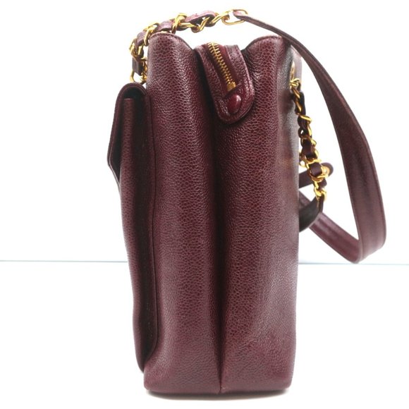 VINTAGE CHANEL 1990S CC FRONT POCKET TOTE BORDEAUX CAVIAR LEATHER SHOULDER BAG - Picture 5 of 12